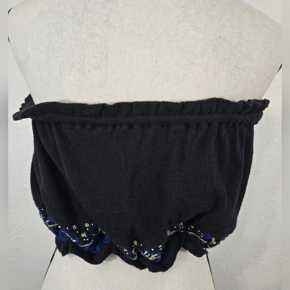 Free People No More Tiers Tube Top Black Strapless w/Blue Tassels Beaded, Small